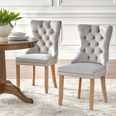 Set Of 2 Portico Tufted High Back Velvet Dining Chairs Gray - Buylateral 1 Set Of 2 Portico Tufted High Back Velvet Dining Chairs Gray - Buylateral