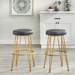 Set Of 2 24" Mazzini Faux Leather And Metal Counter Height Barstools - Buylateral